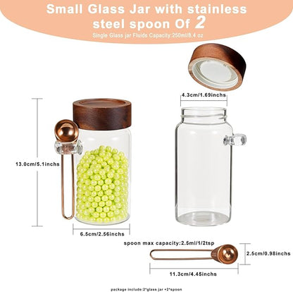 Glass Coffee Jars Spice Jar Round Storage Canister with Wooden Lid Clear Glass Food Jar for Pantry Sugar Tea Coffee Bean Spice Nuts Cookies Bath Salts (2×250ml(8.4oz) with scoop)