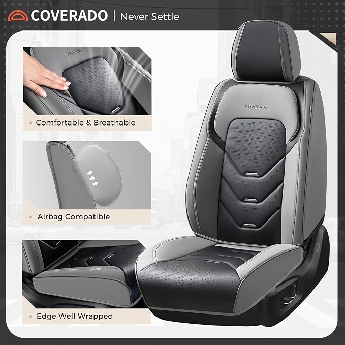 Coverado Car Seat Covers, Front Seat Cover for Car, Waterproof Leather Car Seat Protector, Gray&Black Seat Covers Front Seat, Universal Car Seat Cushion Automotive Seat Covers Fit for Most Vehicles