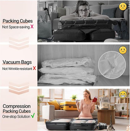 OlarHike 4 Set Compression Packing Cubes for Travel Essentials,Compressible Expandable Space Saver Bags for Organizing Clothes,Luggage Suitcase Garment Bags with Over 1000 pcs Mesh Holes(Beige)