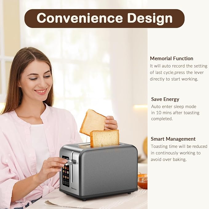 Mecity 2 Slice Touch Screen Toaster, 1.5" Wide Slot, Stainless Steel Smart
