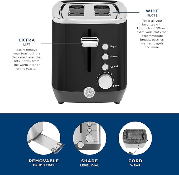 GE 2 Slice Black Stainless Steel Toaster, Extra Wide Slots