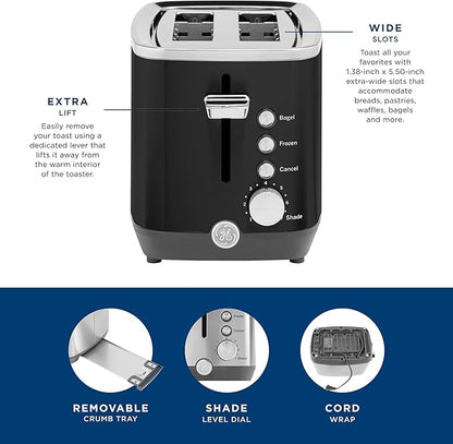 GE 2 Slice Black Stainless Steel Toaster, Extra Wide Slots