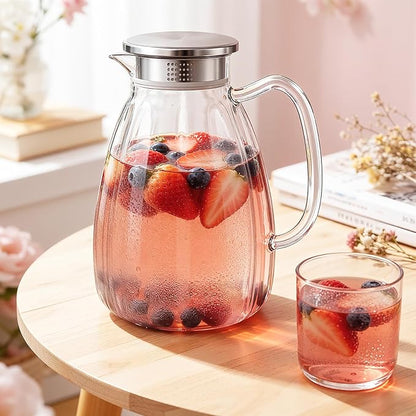 Glass Pitcher with Lid and Handle, 2.2L Borosilicate Glass Water Carafe