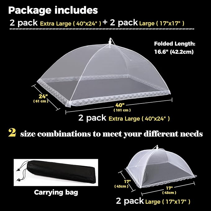 Food Covers for Outside Mesh, 2 Pack 40"X24" + 2 Pack 17"X17" Extra Large Pop