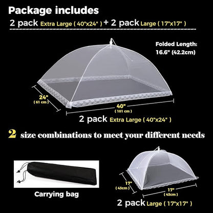 Food Covers for Outside Mesh, 2 Pack 40"X24" + 2 Pack 17"X17" Extra Large Pop
