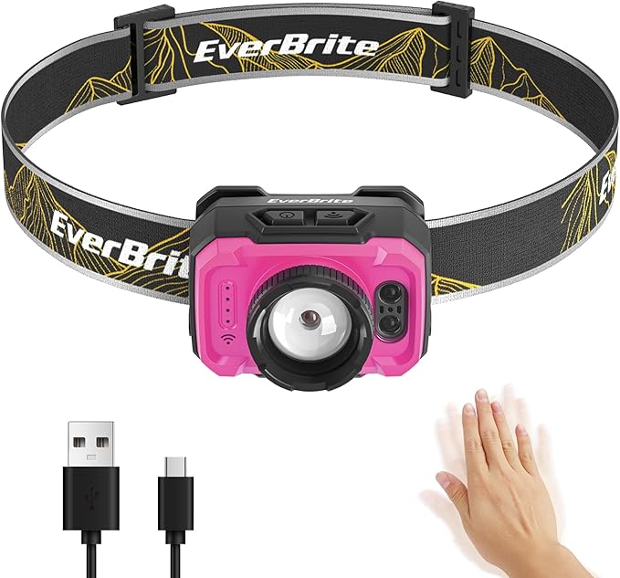 EverBrite 600 Lumen Headlamp, Rechargeable Headlight with 4 Modes, Super Bright Head Lamp with Spotlight & Floodlight, Motion Sensor, Memory Function for Camping, Hiking-Pink