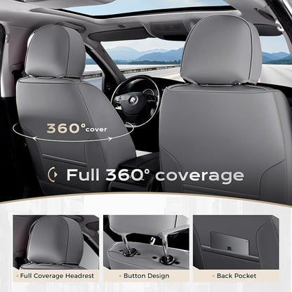 Coverado Seat Covers Full Set, 5 Seats Seat Covers for Cars, Waterproof Nappa Leather Car Seat Covers with Head Pillow, Seat Protectors Car Seat Cushion Universal Fit for Most Cars (Gray&White)