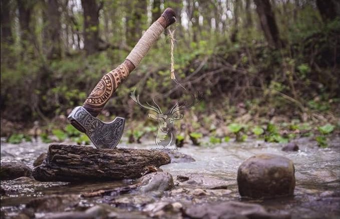 AX-7000 Custom Gift Forged Carbon Steel Viking Axe with Rose Wood Shaft, Viking Bearded Camping Axe