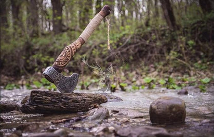 AX-7000 Custom Gift Forged Carbon Steel Viking Axe with Rose Wood Shaft, Viking Bearded Camping Axe