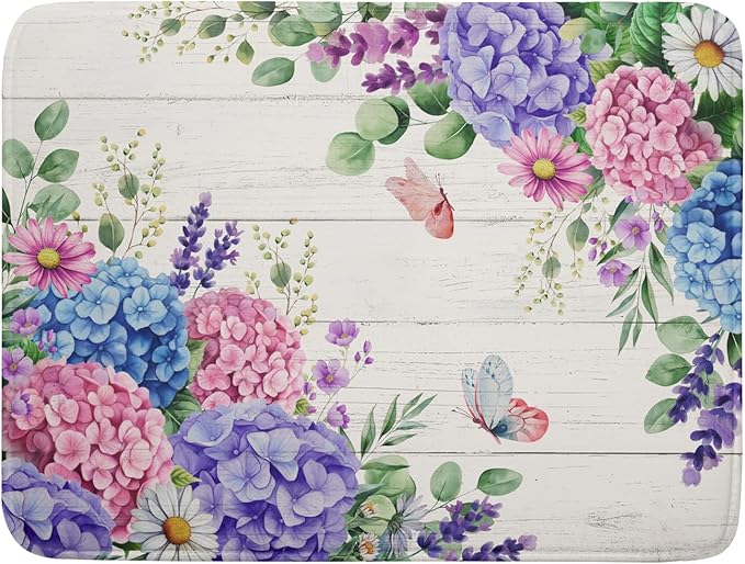 Hydrangea Floral Dish Drying Mat 18x24 inch Spring Summer Decorative Fast Dry
