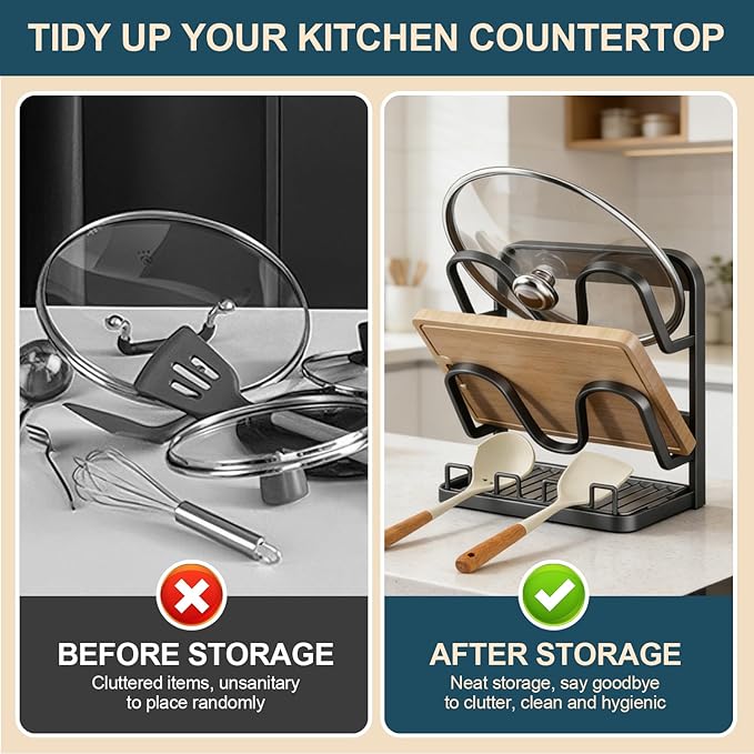 Kitchen Pot Lid Storage Rack: Carbon Steel Double-Layer Holder & Spoon Rest