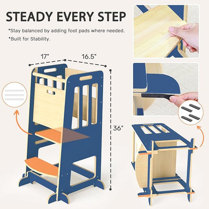 WINGYZ Toddler Kitchen Stool – Adjustable Helper Tower for Kids with Safety Rail, Wooden Standing Step-Up Stool, Sliding Door & Stable Base, Dark Blue