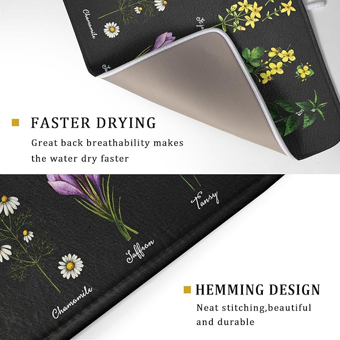 Black Flower Herbs Dish Drying Mat 18x24 Inch Botanical Floral Microfiber