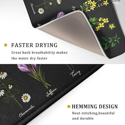 Black Flower Herbs Dish Drying Mat 18x24 Inch Botanical Floral Microfiber