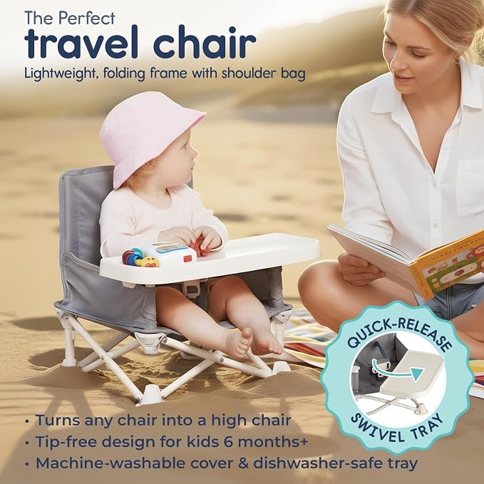 Hiccapop OmniBoost Travel Booster Seat with Tray for Baby, Dining Table, Camping, Beach, Grandma’s | Folding Portable Tip-Free Design Straps to Kitchen Chairs