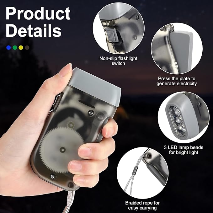 Retisee 48 Pcs Hand Crank Flashlight No Battery Required Torch Light Manual Press Flashlight 3 LED Squeeze Torch Light for Shoeboxes Camping Hiking(Green, Blue, Yellow, Gray)
