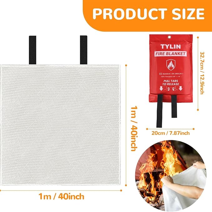 TYLIN Emergency Fire Blanket for Home & Kitchen 40??x 40??- 4 Pack, High Heat Resistant Fire Suppression Blankets for Home Safety, Kitchen, and Camping (4)
