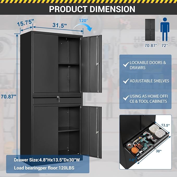 71" Metal Cabinet-Black Heavy Duty Storage File Cabinet Steel Tool Cabinets