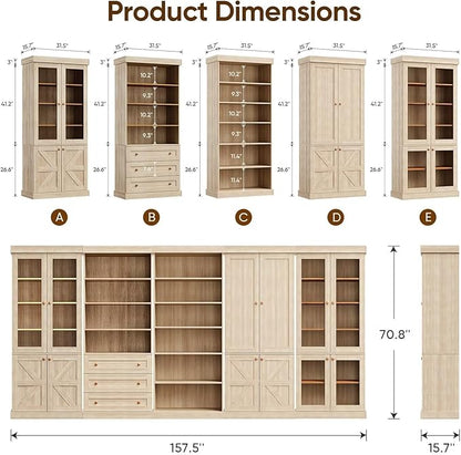 70.8" Tall Farmhouse Bookshelf with Glass Doors, Modular Bookcase with 6-Tier Adjustable Shelves, Large Storage Cabinet for Kitchen, Living Room, Brown, Set of 3