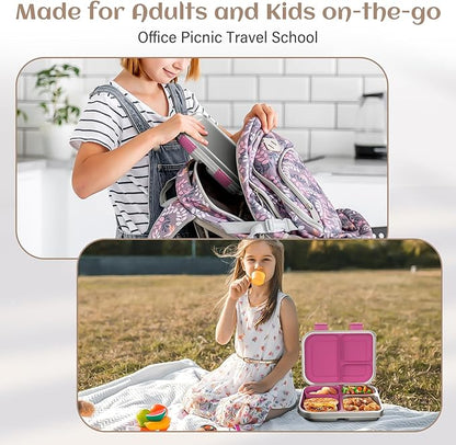 Stainless Steel Bento Box Kids, 3 Compartments Leak Proof Metal Bento Lunch Box, 304 Stainless Steel Bento Lunch Containers for School and Office,Dishwasher Safe, BPA-Free-Pink