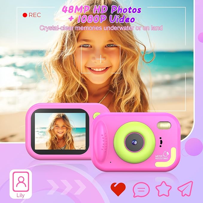Kids Camera Waterproof IP68, 1080P HD Underwater Camera for Kids Ages 3-12 with Toy-Grade ABS Plastic, Kids Digital Camera for Children Outdoor Swimming Snorkeling Birthday Gift, Rose Red