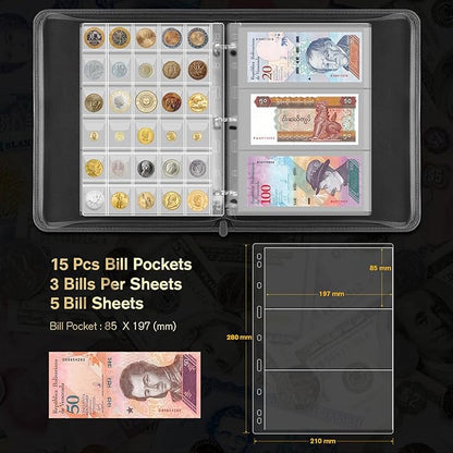 Coin Collection Book Holder - 400 Coins Pockets+15 Bills Pockets, Coin Display Organizer Storage Album for 20/25/ 27/30/38mm Coin
