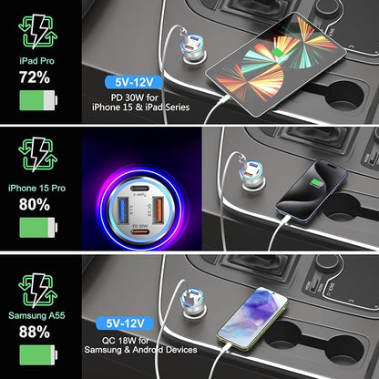 USB C Car Charger 5 Pack, Bangfun 65W 4-Port Dual 12V USB Car Charger QC+PD 3.0 Fast Charging Cigarette Lighter Adapter Plug for iPhone 16 15 14 13 12 11 Pro Max iPad,Samsung (Silver)