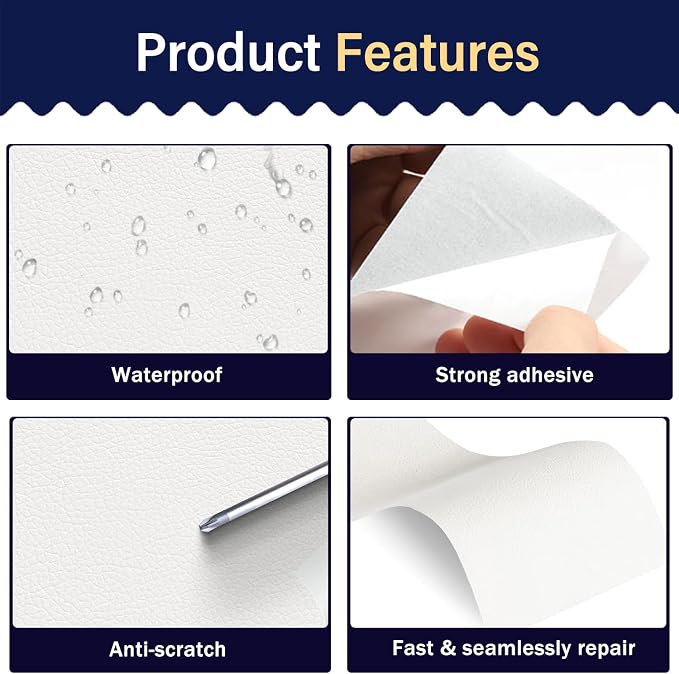 Zenyao Leather Repair Patch Tape - Self Adhesive Leather Repair Kit for Car Seat Furniture, Heavy Duty Vinyl Repair Patch for Couch Sofa, Waterproof Fix for Tears, 8x11 Inch Sheet, 2 Pieces, White