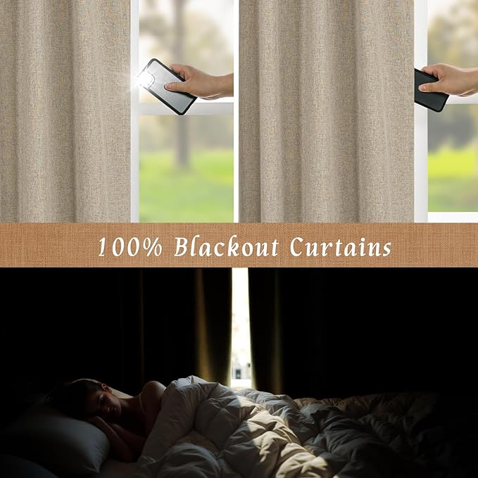 LAMIT 100% Blackout Natural Linen Curtains, 78 Inches Linen Textured Thermal