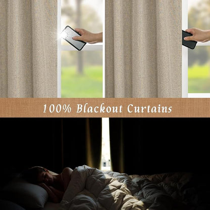 LAMIT 100% Blackout Natural Linen Curtains, 78 Inches Linen Textured Thermal