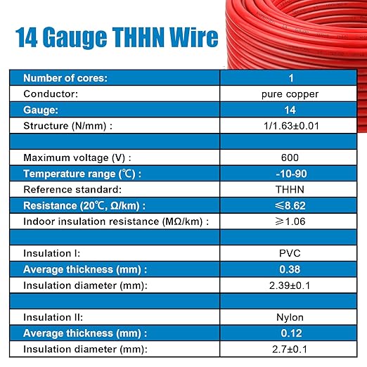 THHN Wire 14 Gauge 100 FT OFC Electrical Wire, 14 AWG Solid Copper Wire Rated