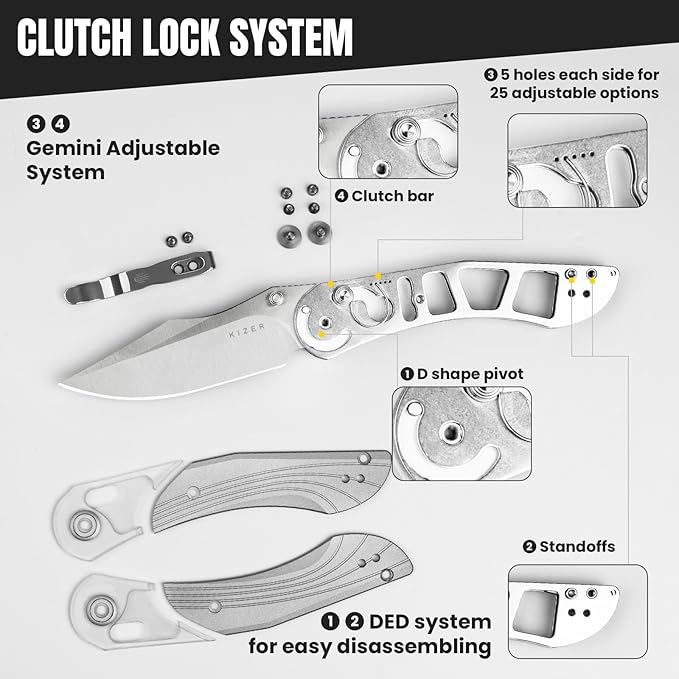 Kizer Mini Mystic Pocket Knife, 3.2" Nitro-V Blade EDC Knife with Gray Aluminum and Acrylic Handle, Camping Folding Knife with Clutch Lock, Hunting Survival knife with Thumb Stud Opener, V3636A1