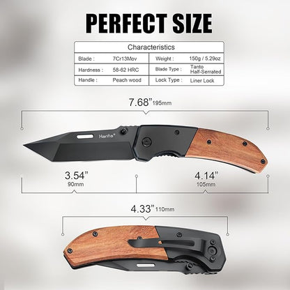 Harita Pocket Knife for Men, Folding Utility with Pocket Clip, Wood Handle EDC for Women with 3.4″ Black Steel Blade, Camping Knife, Hunting, Hiking - Father's Day Gift (Back, 3.4 inch Classic Blade)