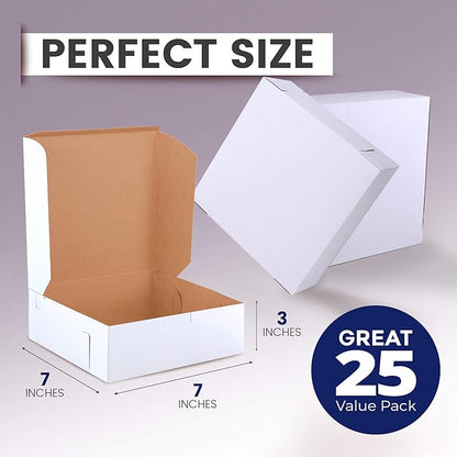 [25 Pack] Pastry Boxes - 7 x 7 x 3 Inches White Bakery Box for Cookies, Compostable Kraft Paper Cardboard for Baked Goods Packaging, Cake, Food, Donut, Cupcake, Candy, Bread, Bridesmaid Gift Box