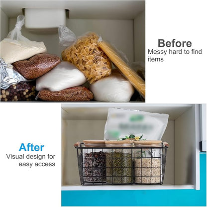 Wire Basket 4 Pcs Wire Storage Baskets Wire Baskets Organizing with Wooden Handles Wire Basket Pantry Organization and Storage Metal Wire Food Storage Basket for Kitchen, Cabinets (Black 4PCS)