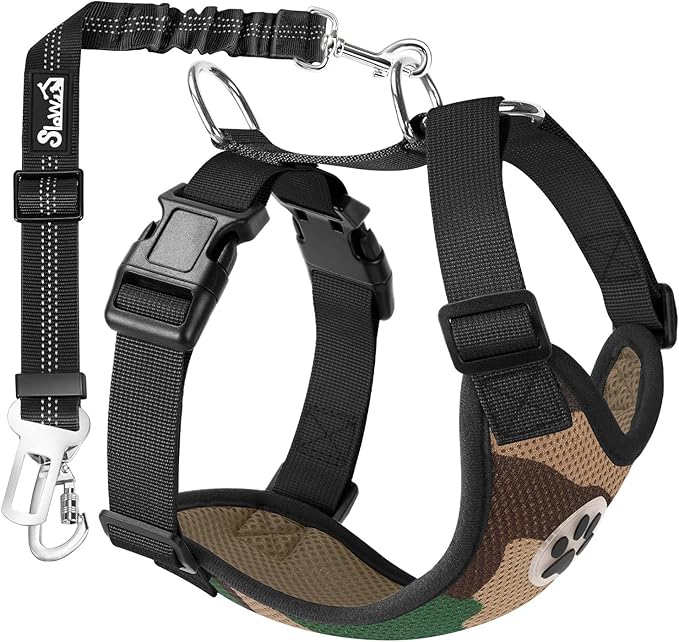 Lukovee Dog Car Harness Seat Belt, Adjustable Mesh Breathable Vest with Elastic Bungee Tether, Soft Padded 2-in-1 Safety Car Harness Seatbelt for Small Medium Large Dogs (Camouflage,M)