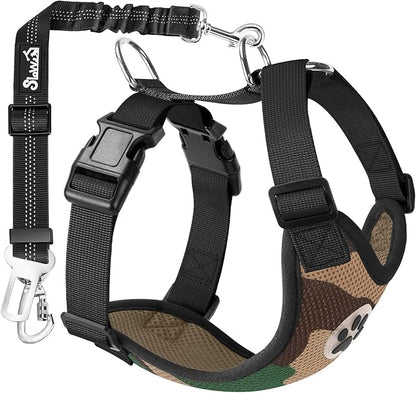 Lukovee Dog Car Harness Seat Belt, Adjustable Mesh Breathable Vest with Elastic Bungee Tether, Soft Padded 2-in-1 Safety Car Harness Seatbelt for Small Medium Large Dogs (Camouflage,M)
