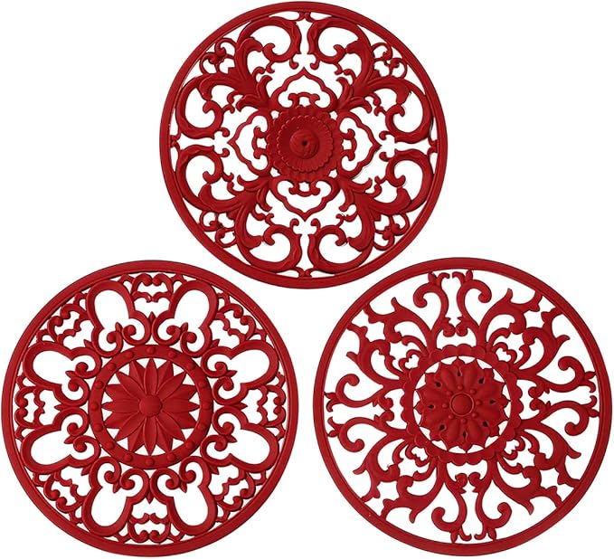 Extra Thick Silicone Trivet Mat for Hot Dishes, Hot Pots and Pans, Pot Holder, Hot Pad to Portect Your Table and Countertop, Kitchen Decor and Accessories,Merlot Red,Set of 3