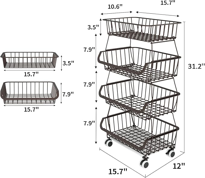 Miyawell Fruit Vegetable Storage Basket for Kitchen - 4 Tier Stackable Metal Wire Baskets Cart with Rolling Wheels Utility Fruits Rack Produce Snack Organizer Bins for Pantry Bathroom Laundry Bronze