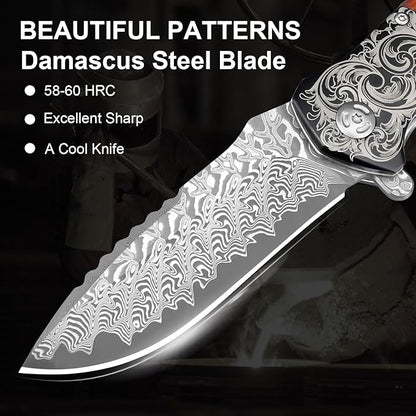 Pocket Knife with Glass Breaker, EDC Damascus Folding Knife with Seatbelt Cutter, 3.35" VG10 Damascus Steel Blade Multitool Pocket Knives with Wood Handle