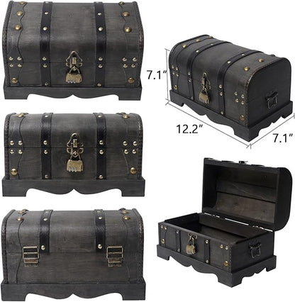 Vintage Wooden Treasure Chest Decorative Box with Lock - 12.2" x 7.1" x 7.1", Black
