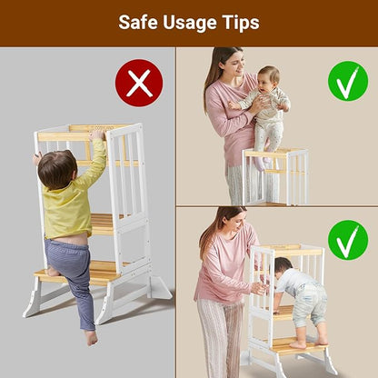 COSYLAND Kitchen Tower for Toddlers with Anti-Tip Support – Lightweight Toddler Kitchen Stool Helper for Bathroom Living Room Dining Room – Solid Bamboo Standing Tower (Natural & White)