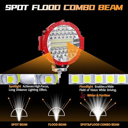 7 Inch Round LED Offroad Driving Lights for Trucks, 201W 12000lm LED Light Pods, Off Road Fog Lights Work Lights for Tractor Snowmobile Golf Cart ATV UTV RV Plower, 4 Pack with Wiring Harness, Red