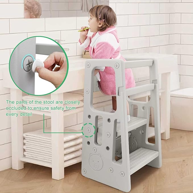 Nursery Kitchen Step Stool w/ 3 Adjustable Heights Toddler Standing Tower Kids Learning Stool w/Double Safety Rails & Non-Slip Foot Pads Cooking Stool Stand Helper Bathroom Counter Footstool (Grey)