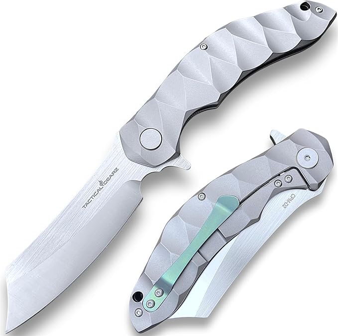 TACTICAL GEARZ Custom Titanium Pocket Folding Knife, Solid Tc4 Titanium Handle, CPM-D2 Steel DAO Blade. (Zeus Beast Bundle)