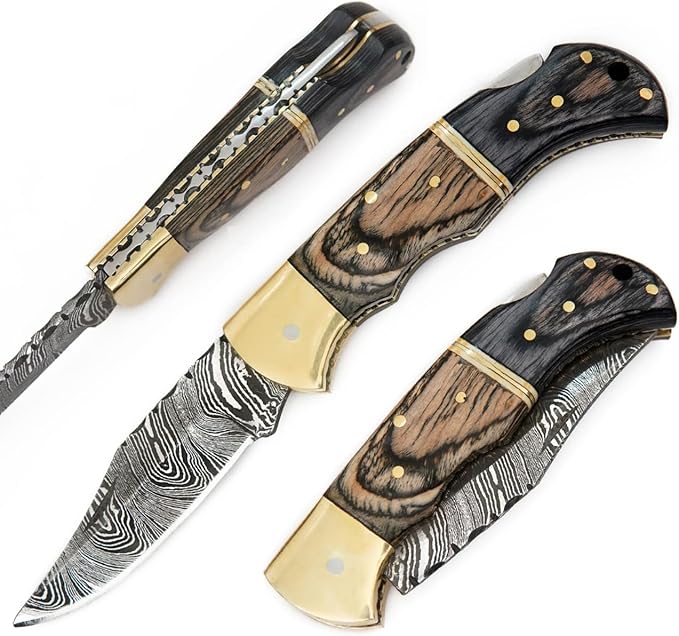 6.5 inch Damascus Pocket Knife with Sheath, Handmade Folding Pocket Knife for Men, Black-Red Wooden Handle with Brass Bolster, Secure Lock Back Camping Knife for EDC,Hunting,Hiking (Brown)