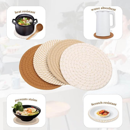 Billbotk 7" Trivets for Hot Dishes, Hot pots and Pans, 4 Heat Resistant Hot Pads, Pot Holders for Kitchen, Home Essentials for New Home and Farmhouse Decor, Fall Decorations for Home(Brown)