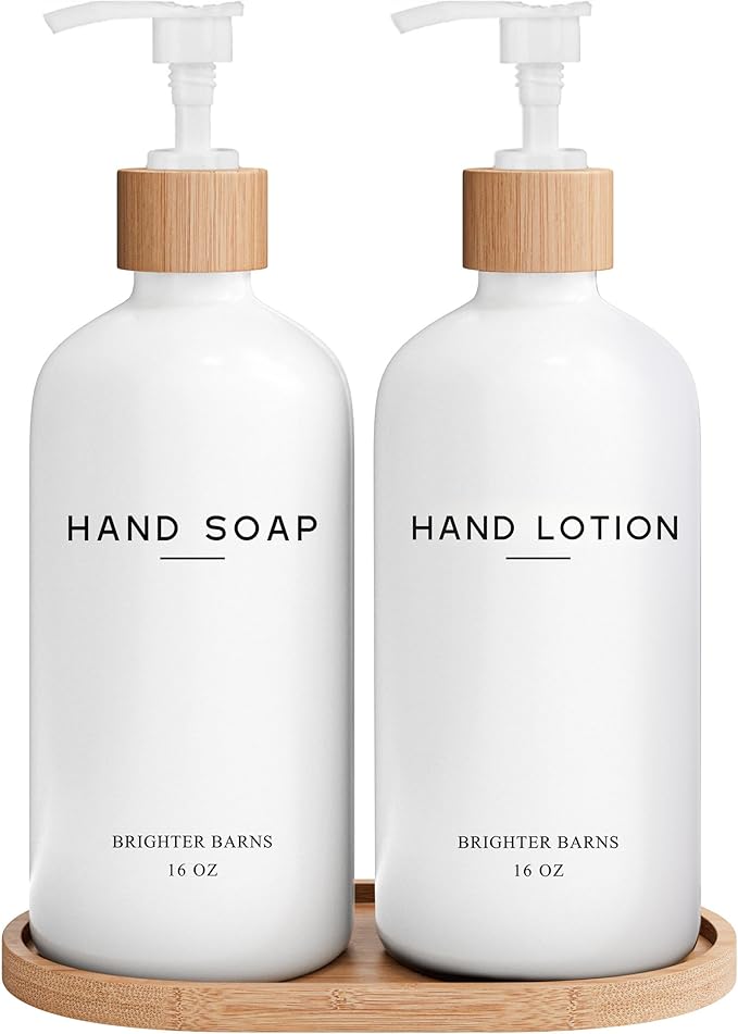 White Glass Soap and Lotion Dispenser Set