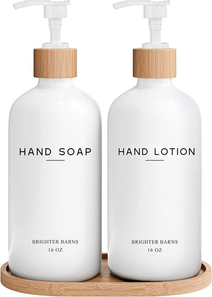 White Glass Soap and Lotion Dispenser Set