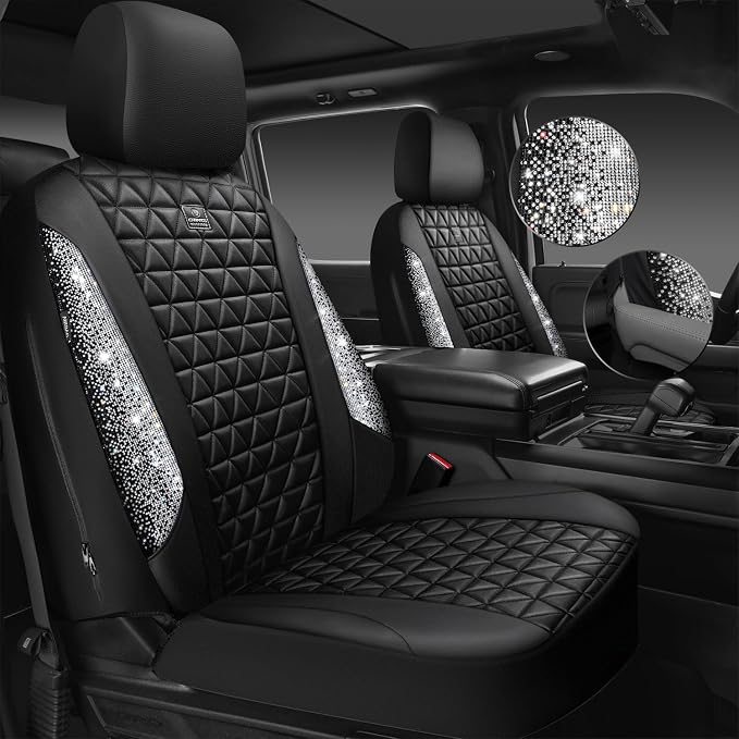 CAR PASS Bling Diamond Leather Car Seat Covers Full Seats Interior Sets, Waterproof Shining Glitter Sparkly Crystal Universal Armrest Fit Automotive Truck SUV Cute Women Girl, Black Silver Rhinestone